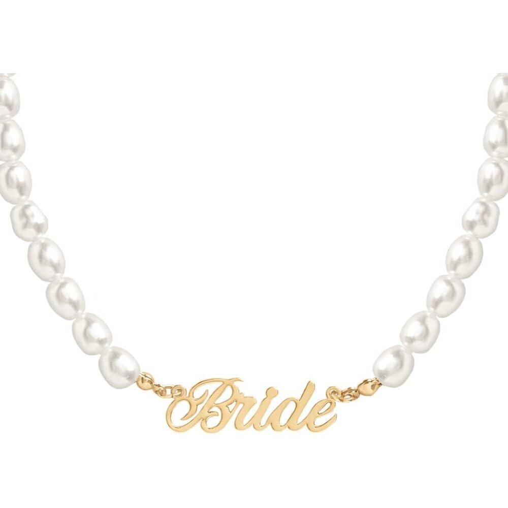 Pearl Beaded Necklace 16" Choker with Bride Nameplate Bridal Shower Gift
